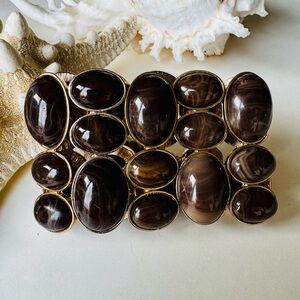 Gold Tone Brown Marbled Cabochon Stretch Bracelet Wide Statement Cuff 2.5”
